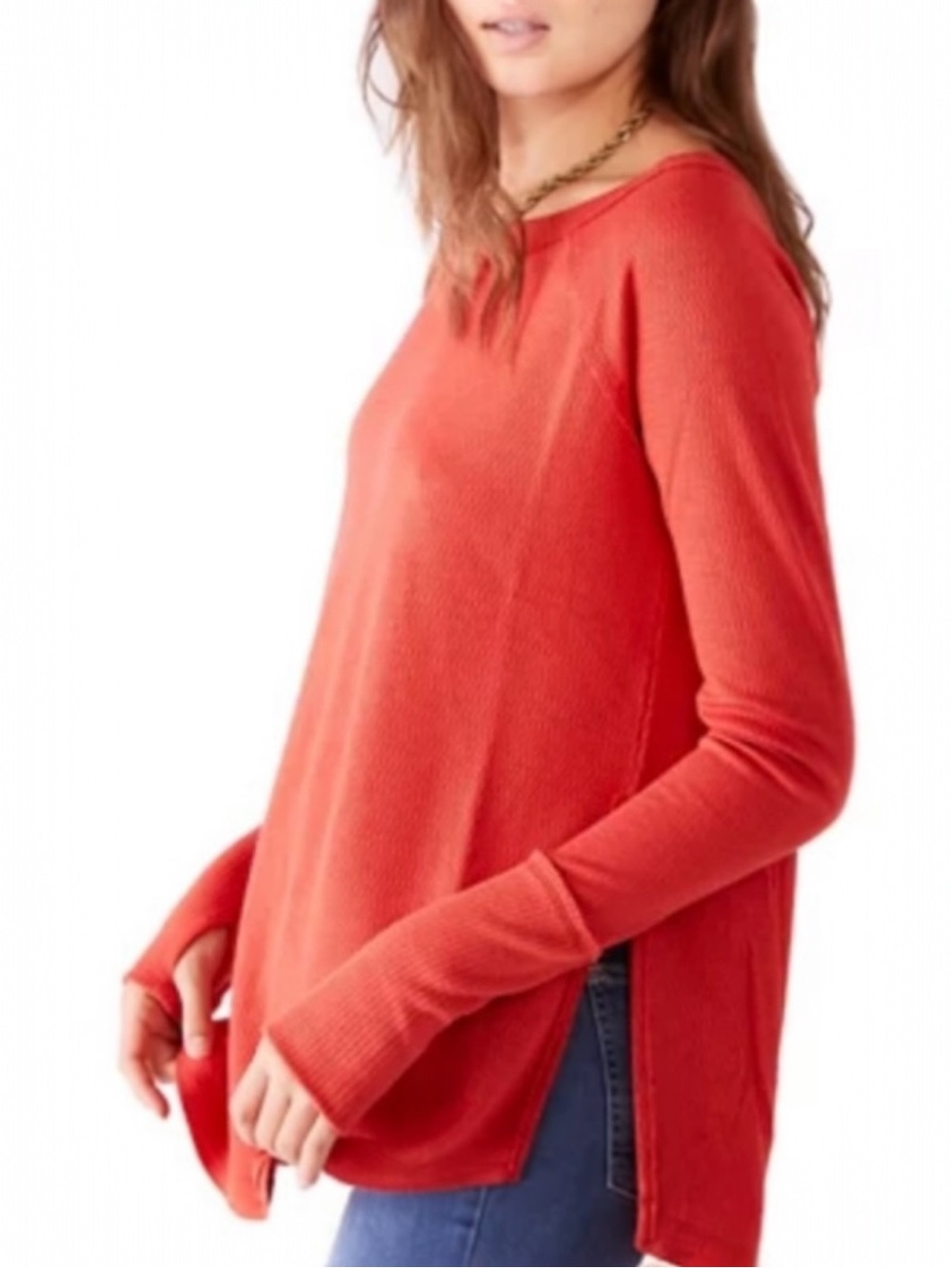 NWT Free People We The Free Thermal Top Size S Red Long Sleeve Waffle Knit